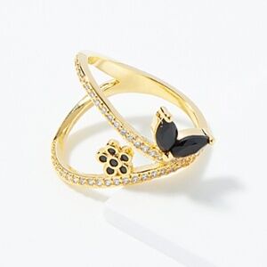 Simons golden rhinestones black flower and butterfly dainty sculptural ring EUC
